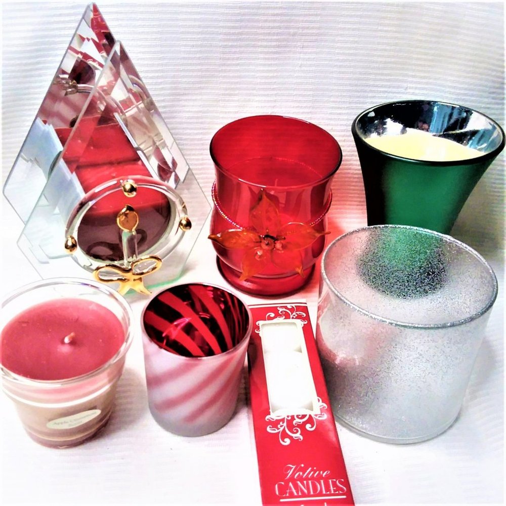 VTG Christmas Votive Candles Holders Glitter Poinsettia Peppermint Glass Mirror